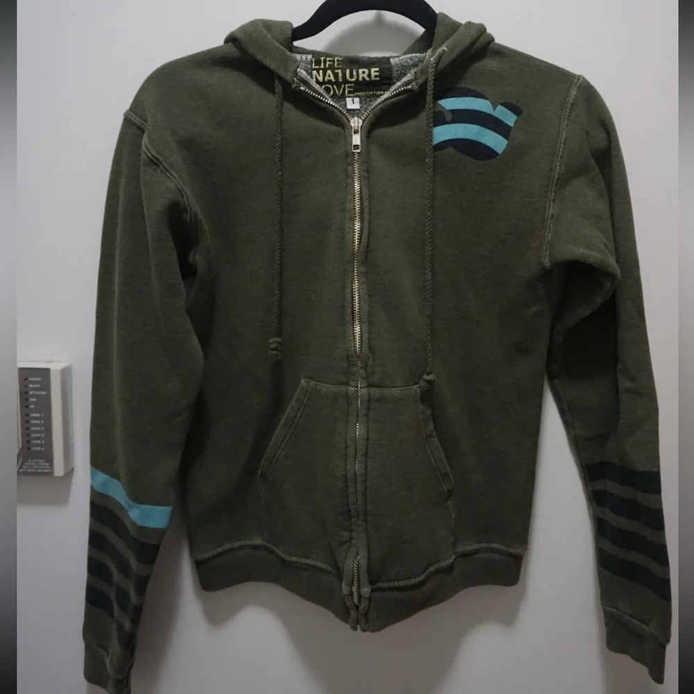 Free City Womens Zip Up Hoodie Graphic Sweatshirt Green Small (Size 1) RARE